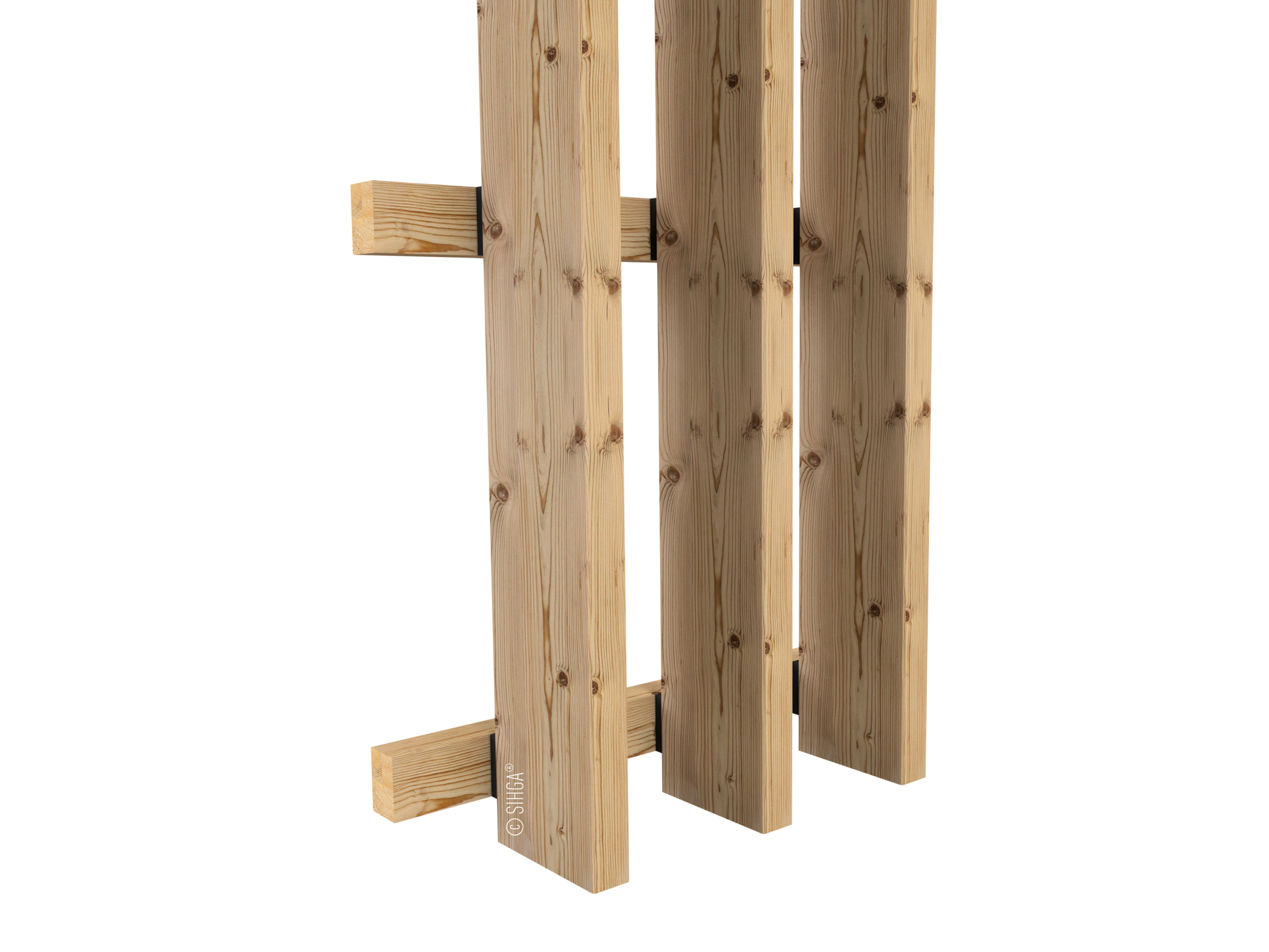 Houten gevellamellen gemonteerd met een verdekt bevestigingssysteem op een horizontale houten achterconstructie.