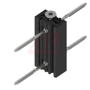 LamellenFix bevestigingssysteem voor houten gevellamellen, bestaande uit twee identieke verbindingsdelen voor onzichtbare montage op hout, staal of beton met afstand tot de onderconstructie.