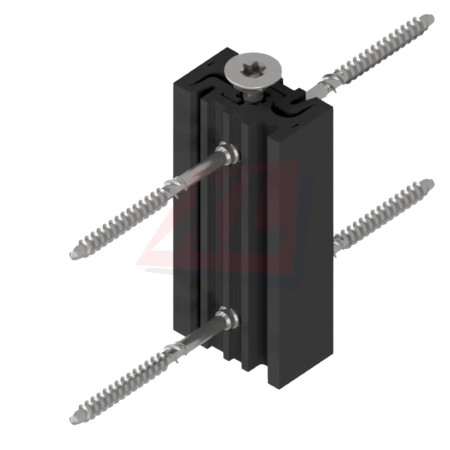 LamellenFix bevestigingssysteem voor houten gevellamellen, bestaande uit twee identieke verbindingsdelen voor onzichtbare montage op hout, staal of beton met afstand tot de onderconstructie.